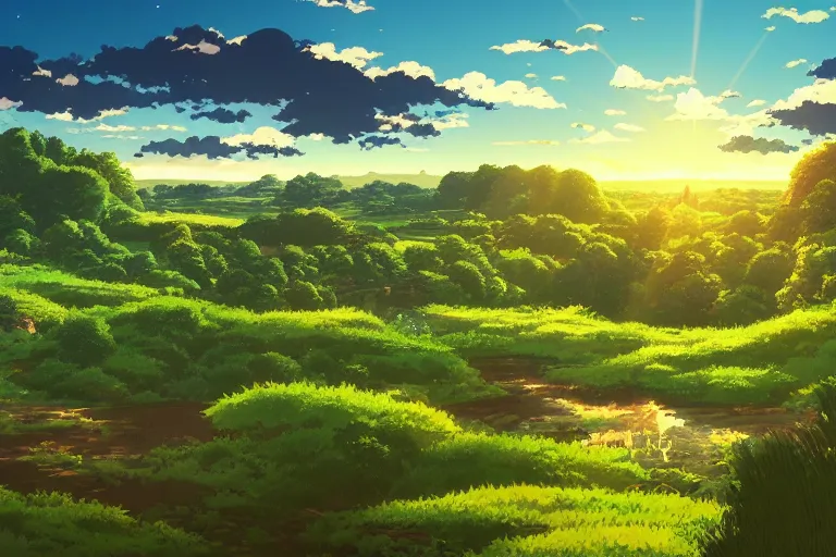 Prompt: anime screenshot wide-shot landscape with river and meadow hill, forest on the horizont, beautiful ambiance, golden hour, studio ghibli style, by hayao miyazaki, tom moor, sharp focus, highly detailed,