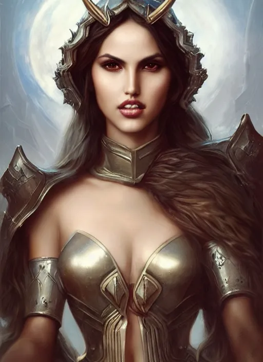 Prompt: a beautiful woman eiza gonzalez with horns and armor, painted by artgerm and tom bagshaw, fantasy art, dramatic lighting, highly detailed oil painting