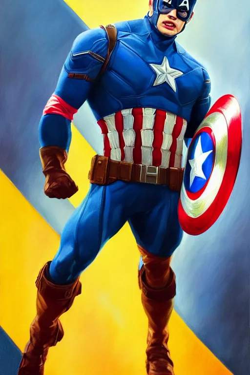 Image similar to hyperrealistic painting of Captain America in blue and yellow colors, oil on canvas, in the style of J.C. Leyendecker, Ross Tran and WLOP, 4k, smooth, sharp focus, extremelydetailed