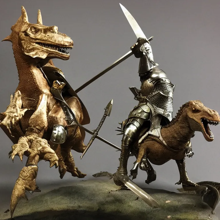 Image similar to diorama of a medieval knight riding a dinosaur, swords drawn to attack, highly detailed, award winning mini painting, studio lighting