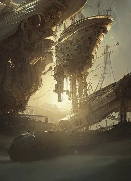 Image similar to epic concept illustration, highly detailed, intricate mechanical design, hard science concept art, star fleet nautilus ship being prepared for launch, by greg rutkowski and alphonse mucha. uhd, cinematic lighting, amazing depth