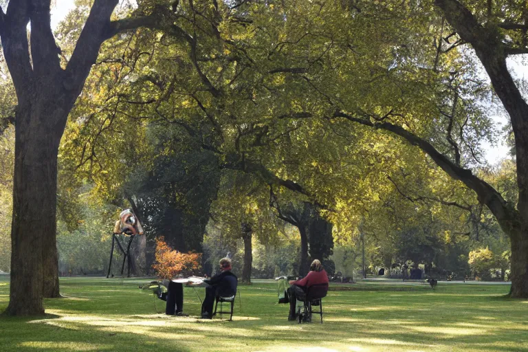 Image similar to cinematography plein air painters in Parc Monceau by Emmanuel Lubezki