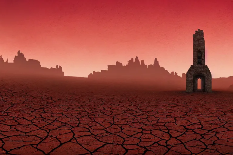 Image similar to very dry ground, desert, cracked, big tower in the background, red sky, fire in the background, artstation, award - winning, ethereal, dreamy