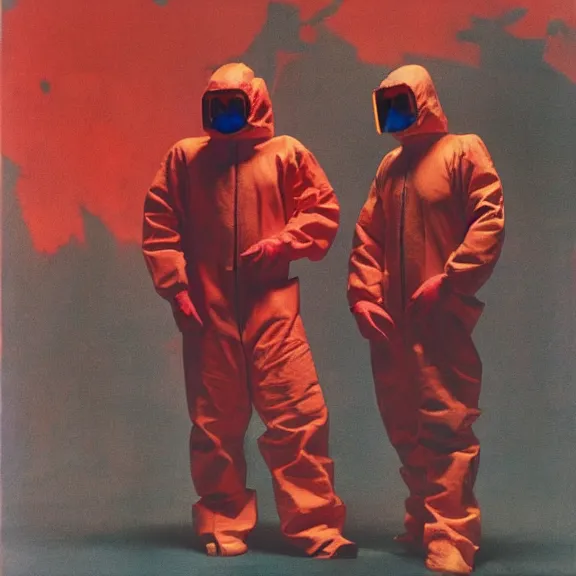 two scientists wearing red rick owens hazmat suits | Stable Diffusion ...