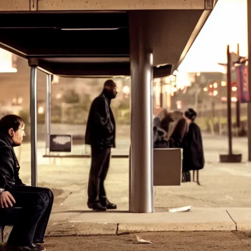 Image similar to a some people waiting in a lone bus stop in quiet dark city in Breaking Bad series