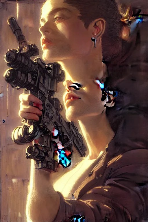 Image similar to portrait max mad cyberpunk, machinist tech rifle gun design, painting by gaston bussiere, katsuya terada, nc wyeth, greg rutkowski, craig mullins, vermeer, frank frazetta, mucha, tom of finland, trending on artstation, jeffery catherine jones