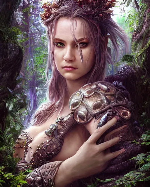 Image similar to portrait high definition photograph female fantasy character art, hyper realistic, pretty face, hyperrealism, iridescence water elemental, snake skin armor forest dryad, woody foliage, 8 k dop dof hdr fantasy character art, by aleski briclot and alexander'hollllow'fedosav and laura zalenga