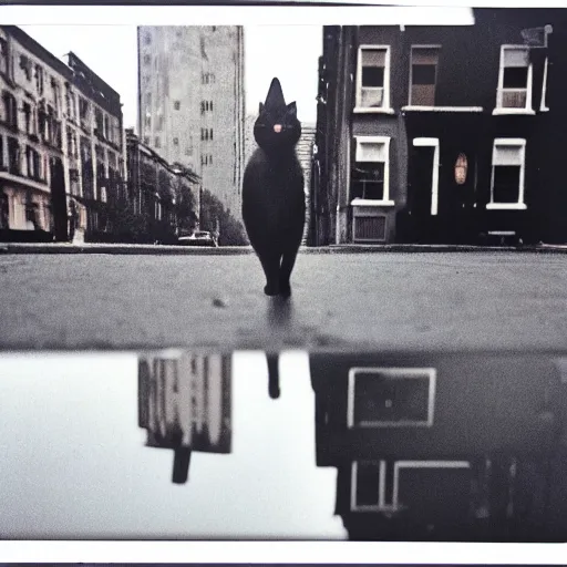 Image similar to wide-shot very low-angle eyesight first-person reflection of a cat's face in the puddle at the street, polaroid photo, by Andy Warhol, signed