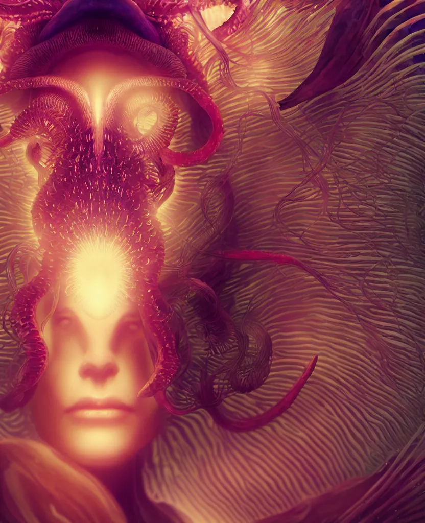 Image similar to goddess close-up portrait. chimera orchid jellyfish phoenix head, nautilus, skull, betta fish, bioluminiscent creatures, intricate artwork by Tooth Wu and wlop and beeple. octane render, trending on artstation, greg rutkowski very coherent symmetrical artwork. cinematic, hyper realism, high detail, octane render, 8k