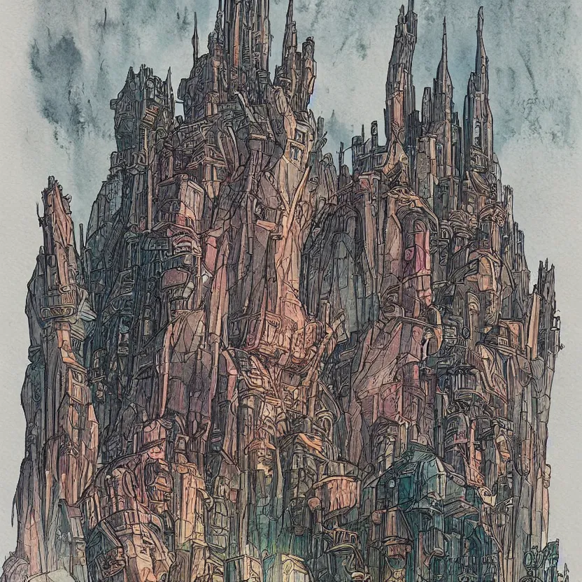 Image similar to a watercolor ink painting of a cyberpunk castle in the style of jean giraud in the style of moebius trending on artstation deviantart pinterest detailed realistic hd 8 k high resolution