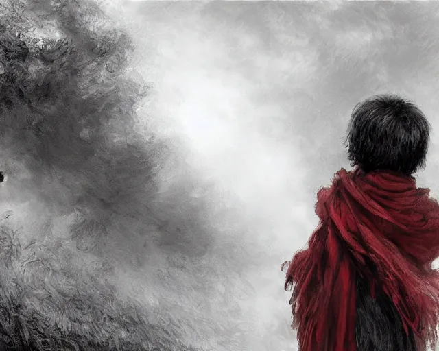 Image similar to a black and white highly detailed digital painting of a young boy with a red scarf, medium long brown hair, green eyes, is looking at a bird, ethereal, horror, fantasy art by greg rutkowski and magali villeneuve and claude monet black and white but the eyes are green and the scarf is red