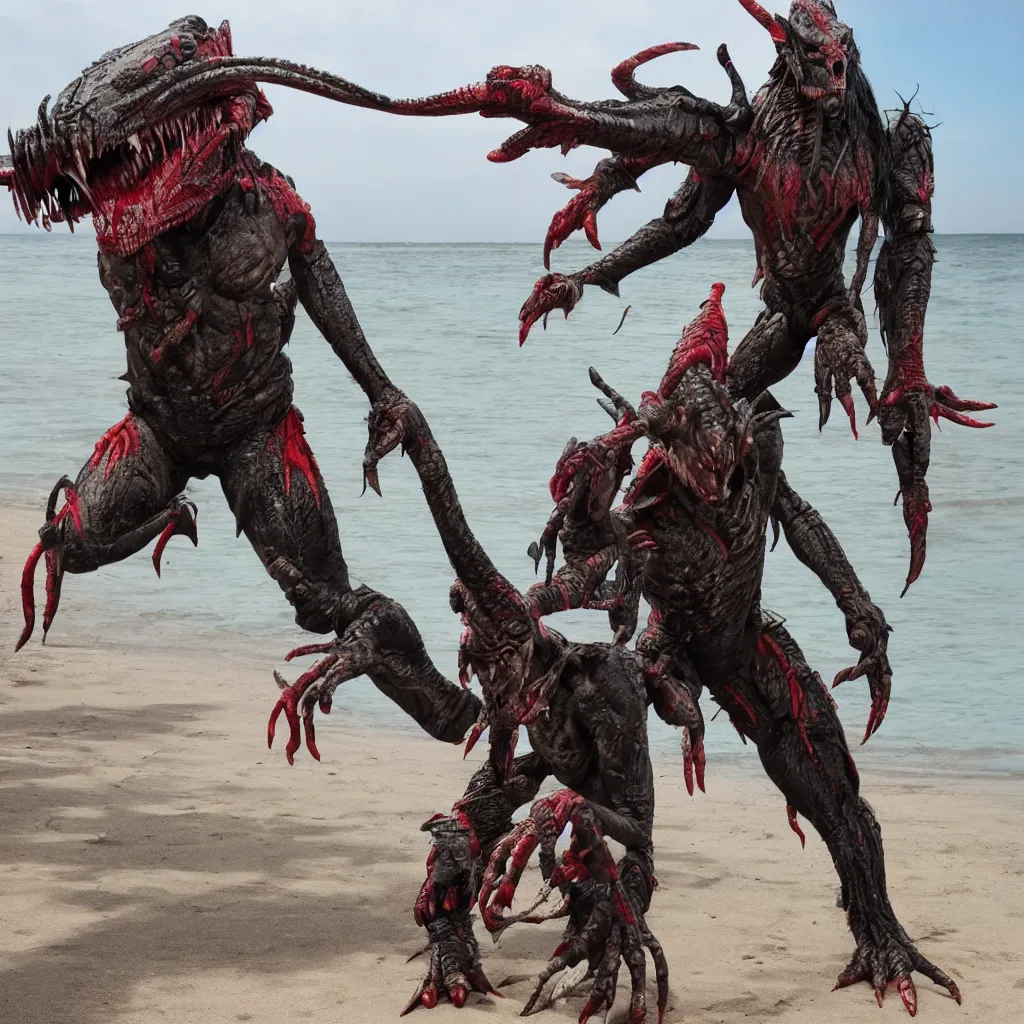 Prompt: predator yautja at the beach for holiday