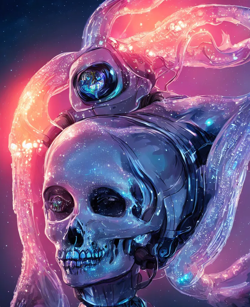 Image similar to close-up macro portrait of the face of a beautiful princess rotten skull in a spaceman suit, epic angle and pose, symmetrical artwork, 3d with depth of field, blurred background, cybernetic jellyfish female face skull phoenix bird, translucent, nautilus, energy flows of water and fire. a highly detailed epic cinematic concept art CG render. made in Maya, Blender and Photoshop, octane render, excellent composition, cinematic dystopian brutalist atmosphere, dynamic dramatic cinematic lighting, aesthetic, very inspirational, arthouse. y Greg Rutkowski, Ilya Kuvshinov, WLOP, Stanley Artgerm Lau, Ruan Jia and Fenghua Zhong