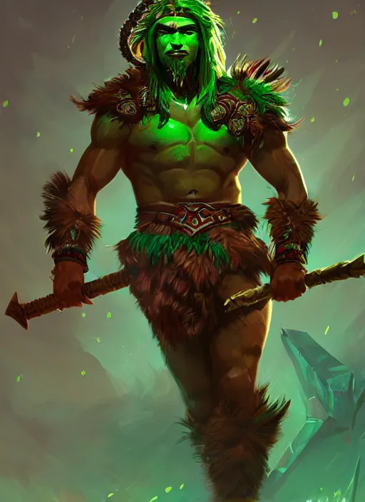 Image similar to a highly detailed illustration of fierce young aztec boy wearing green mane, heroic roaring wielding aztec club pose, muscular, intricate, elegant, highly detailed, centered, digital painting, artstation, concept art, smooth, sharp focus, league of legends concept art, wlop