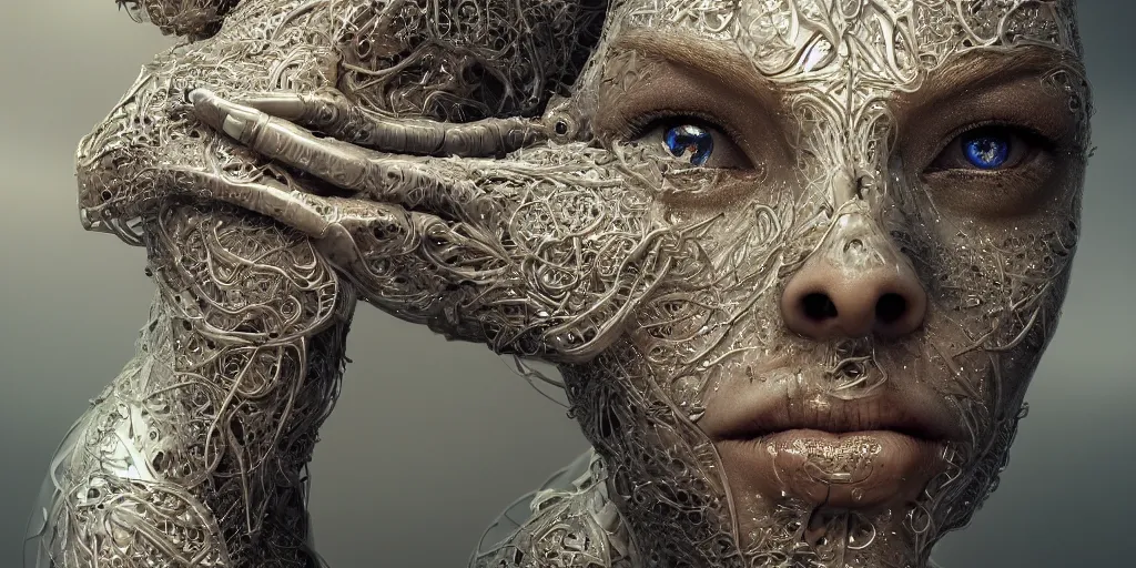 Image similar to ! dream hyperrealistic photography of a female cyborg humanoid, glowing eyes, holding, grasping, highly detailed intricate filigree, in the style of beth cavener, jin kagetsu, wlop,, symmetry, masterpiece, concept art, highkey lighting, ambient lighting, hard key light, octane render, 8 k, artstation