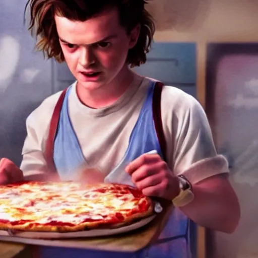 Prompt: a watercolor painting of Steve Harrington from Stranger things making a pizza, ultra realistic