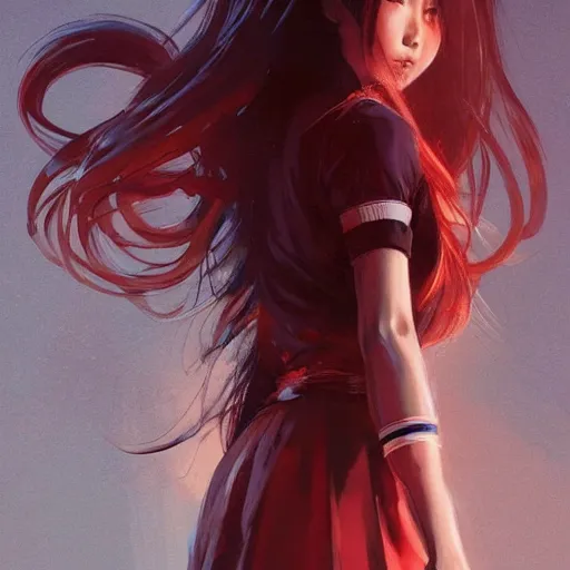 Prompt: full body portrait of a korean schoolgirl with long hair and bangs, her arms are thin red tentacles, dramatic lighting, illustration by Greg rutkowski, yoji shinkawa, 4k, digital art, concept art, trending on artstation