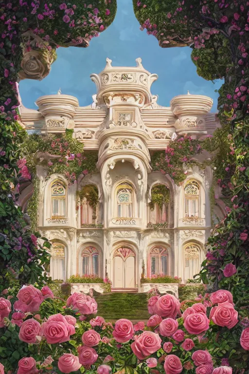 Prompt: The front of the white Rococo-style castle is full of roses, Art Nouveau Cosmic 4k Detailed Matte Illustration featured on Getty Images ,CGSociety, Jade and Carrot orange color scheme, Pastiche by Marc Simonetti, Pastiche by Cedric Peyravernay