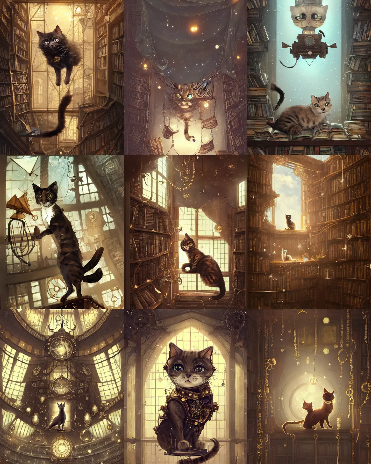 Prompt: cute steampunk cat in a polygonal library walls and glass ceilings showing the stars and hanging silk drapery and tapestries, light dust, magnificent, close up, details, sharp focus, elegant, highly detailed, illustration, by Jordan Grimmer and greg rutkowski and PiNe(パイネ) and 薯子Imoko and 香川悠作 and wlop and maya takamura, intricate, beautiful, Trending artstation, pixiv, digital Art