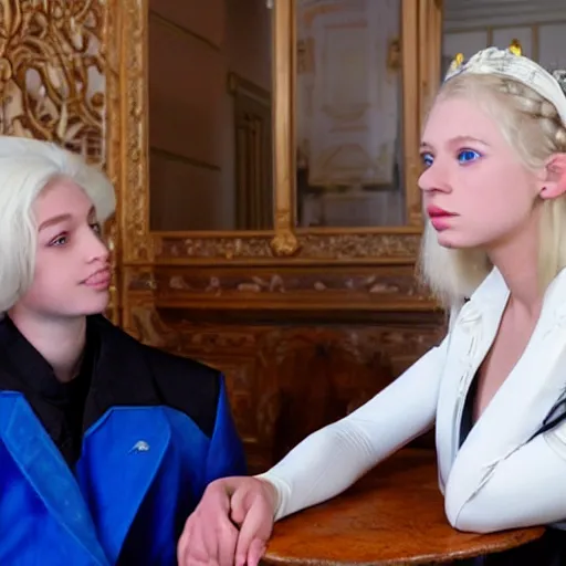 Image similar to aristocratic platinum - blonde - haired hime - cut blue - eyed 1 9 - year - old french princess wearing white leggings and black jacket, sitting in a communist office chatting with a bolshevik officer, colorized hd photograph