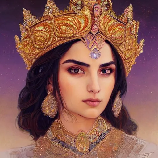 Image similar to portrait of a stunningly beautiful kurdish queen wearing a beautiful crown, highly detailed, digital painting, artstation, concept art, sharp focus, illustration, art by artgerm and greg rutkowski and alphonse mucha, incredibly beautiful and symmetrical face, incredibly detailed, award winning art, royal