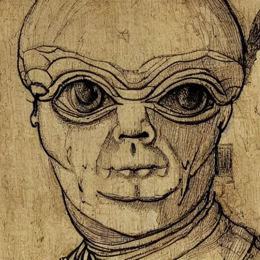 Image similar to ancient information about pepe drawn by leonardo davinci in papyrus paper, sketch, detailed, hyper realistic