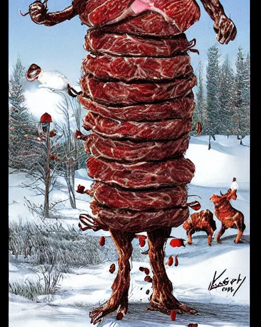 Prompt: meat snowman, horror art by beksinksy, bernie wrightson