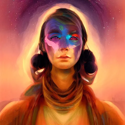 Prompt: colorful character portrait of a woman in a dark desert lit by the stars, wispy smoke, highly detailed face, very intricate, symmetrical, cinematic lighting, award - winning epic painting, painted by mandy jurgens, pan futurism, dystopian, bold colors, dark vibes, cyberpunk, groovy vibe, anime aesthetic, featured on artstation