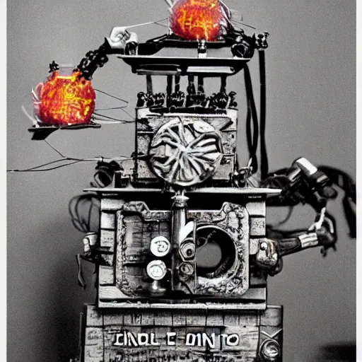 Image similar to E.M. Pino + miniature anti-bot machine created by Ziggy, the former Demon King