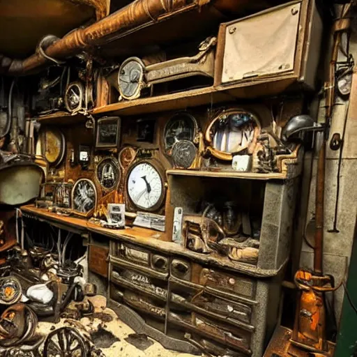 Image similar to steampunk hoarders room, extremely dirty