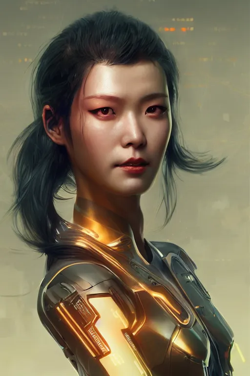 Prompt: Photorealistic illustration, Korean cyborg woman, cyberpunk 2077, sci-fi, futuristic, intricate, elegant, highly detailed, digital painting, artstation, concept art, smooth, sharp focus, art by artgerm, greg rutkowski and alphonse mucha