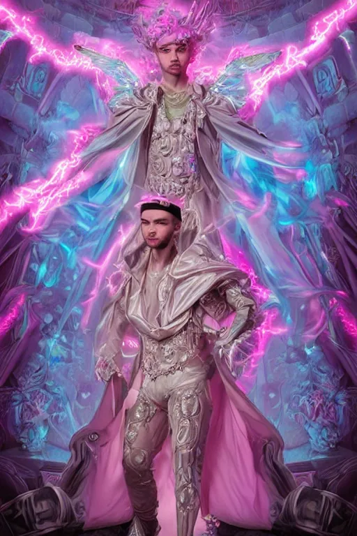 Image similar to photo of full-body rococo and cyberpunk delicate neon crystalline sculpture of ((handsome muscular onyx albino prince Liam Payne)) as an blue iridescent humanoid deity wearing ((peach plastic hooded cloak)) (holding an onyx skull) in a onyx castle dungeon, reclining, glowing pink face, crown of (pink lasers), large blue diamonds, swirling black silk fabric. futuristic elements. oozing glowing liquid, full-length view. space robots. intricate artwork by caravaggio. Trending on artstation, octane render, cinematic lighting from the right, hyper realism, photorealistic, octane render, 8k, depth of field, 3D