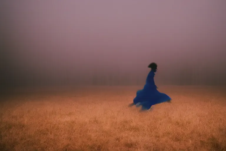 Prompt: film photography, straight colors, minimalism, woman silhouette running in the blue fog with low shutter speed, 35mm, motion blur