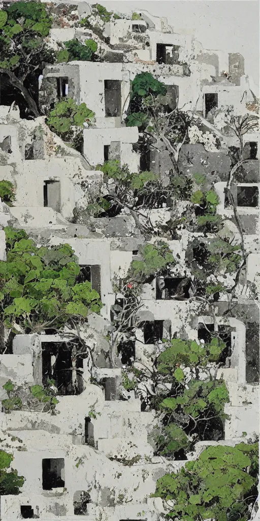 Prompt: overgrown ruins of santorini, painting by ashley wood