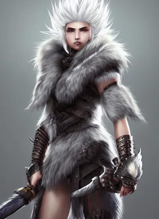 Image similar to warrior, fur - lined wolf armor!!! gorgeous and elegant white hair female!! monster hunter!! character concept art, sharp focus, octane render! unreal engine 5! highly rendered!! trending on artstation!! detailed linework!! illustration by artgerm, wlop, and chie yoshii