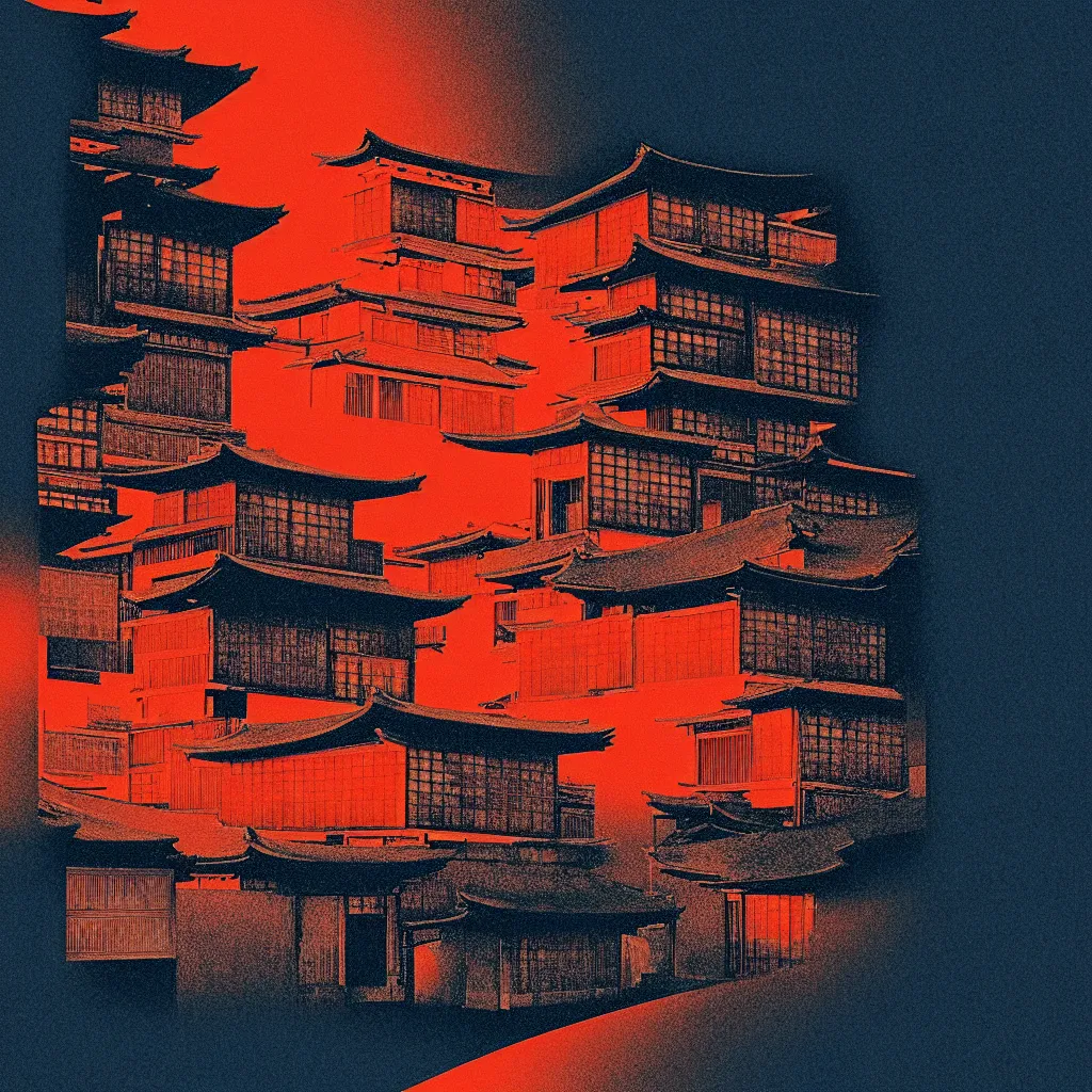 Image similar to old kyoto, mads berg, karolis strautniekas, film noir, stippled light, dramatic lighting, editorial illustration, detailed, fine texture, matte print, art deco, brutalism, dark blue + dark orange, red, black, ( ( habitat 6 7 background ) )