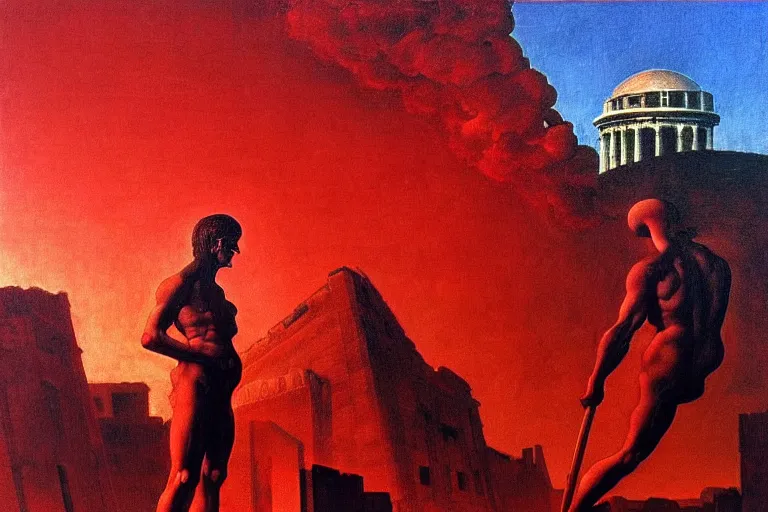 Image similar to only with red, a red melted apollo with a laurel wreath and a flaming sword announce win, athens in background, in the style of beksinski, parts by edward hopper, parts by rodcenko, parts by yue minjun, intricate and epic composition, red by caravaggio, insanely quality, highly detailed, masterpiece, red light, artstation, 4 k