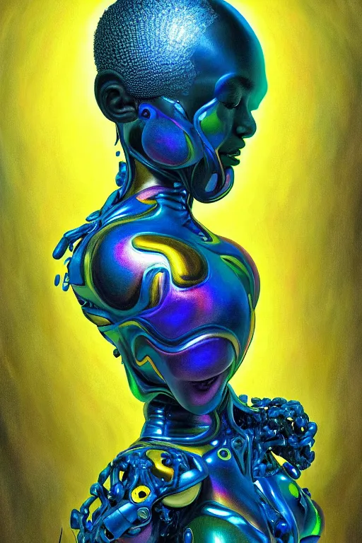 Image similar to hyperrealistic deconstructed super expressive! black woman with exoskeleton armor, merging with tree in a forest, highly detailed digital painting masterpiece smooth robert steven connett hannah yata dramatic pearlescent blue yellow light ground angle hd 8k sharp focus