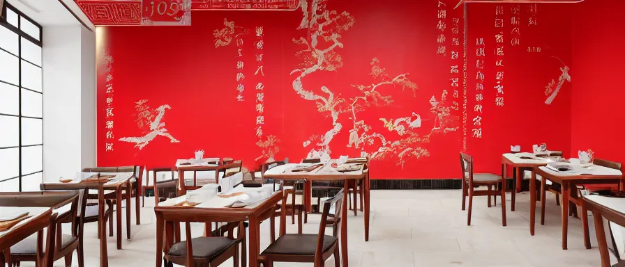 Prompt: a beautiful simple interior render of roasted string hotpot restaurant restaurant yan'an, wall corner, from china, red paper wall and white tile floor, with merchant logo, fine simple delicate structure, chinese style, simple composition, simple style structure decoration design, victo ngai, 4 k hd