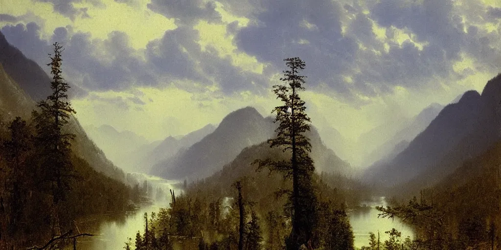 Image similar to art by albert bierstadt of the cinematic view of the jiuzhaigou valley forest