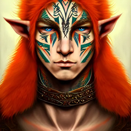 Prompt: portrait painting of an elven male teenager with short light orange hair and tribal tattoos on his face wearing fur armor, sharp focus, award - winning, trending on artstation, masterpiece, highly detailed, intricate. art by aurore folny