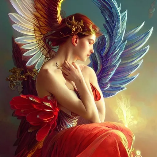 Image similar to a beautiful orchid phoenix angel woman, in an ornamented dress with large wings, rubies, volumetric light, god rays, highly detailed painting by greg rutkowski, artgerm, alphonse mucha