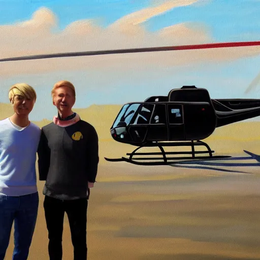 Image similar to painting of blonde swedish guy and tall korean guy in front or robinson helicopter