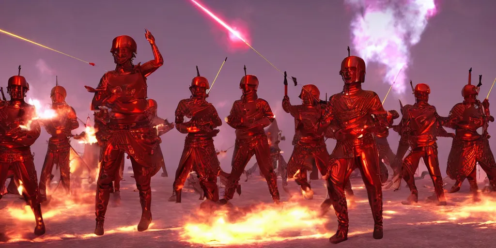 Image similar to futuristic roman army, red and gold with purple lasers, dramatic, cinematic, unreal engine