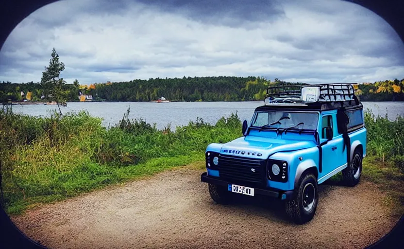 Prompt: “Blue Land Rover Defender in Porvoo in front of river. In the style of GTA 5.”