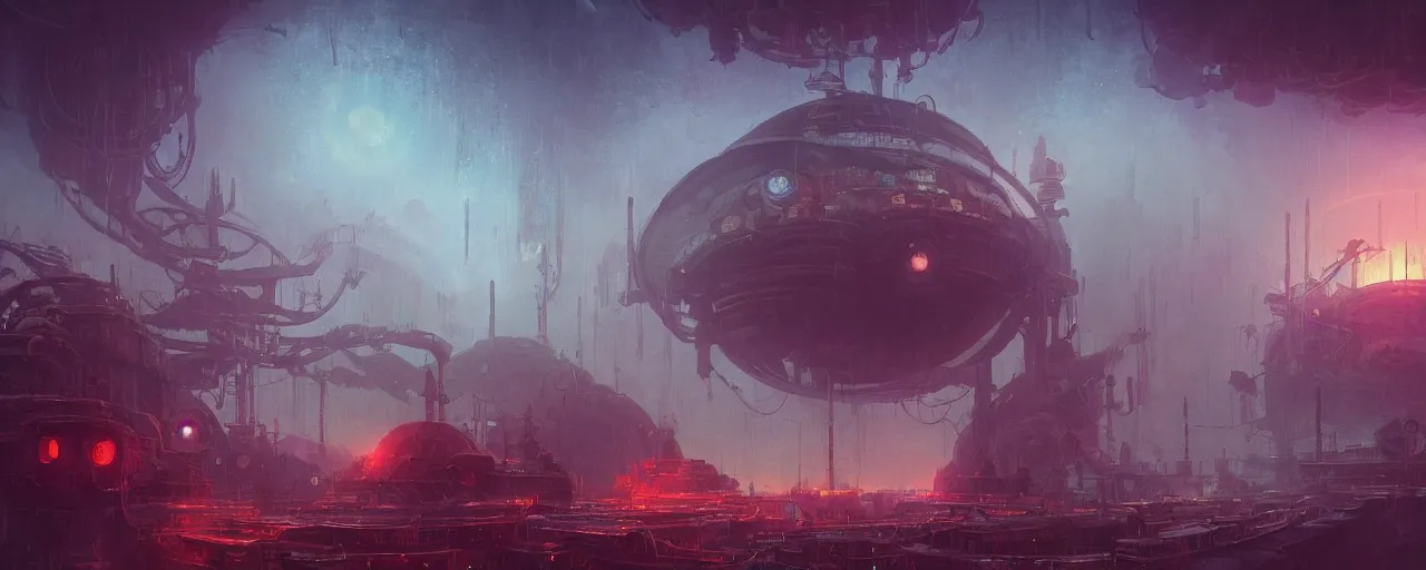 Image similar to ” outer planet with thick fog and steampunk structures, [ cinematic, detailed, epic, widescreen, opening, establishing, mattepainting, photorealistic, realistic textures, octane render, art by paul lehr ] ”