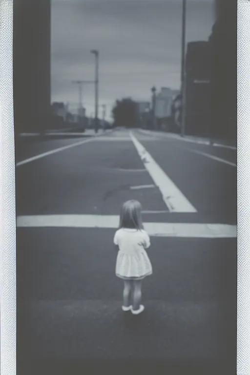 Prompt: photo polaroid of sad and lonely child in the middle of an empty street in a big city, photorealistic, 35mm film, black and white, polaroid,