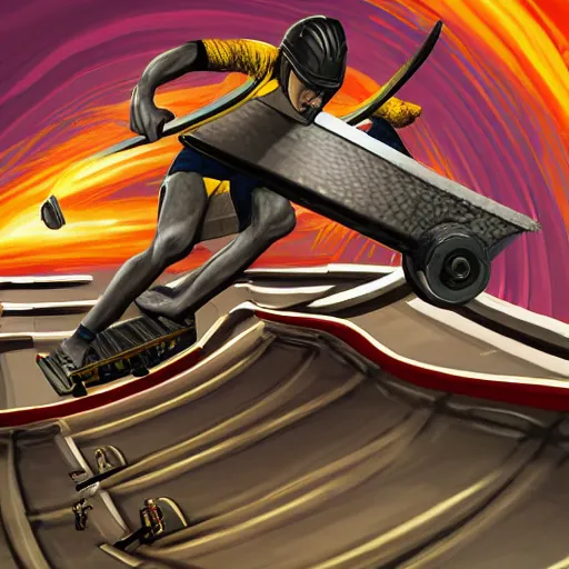 Image similar to roman chariot racer jumping in a skate park half-pipe, video game cover, intense, high detail, crowd cheering, wide lense, style of Tony Hawk