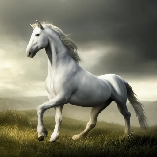 Prompt: a white horse standing in the wind, background stormy sky, hyperdetailed, artstation, cgsociety, 8k