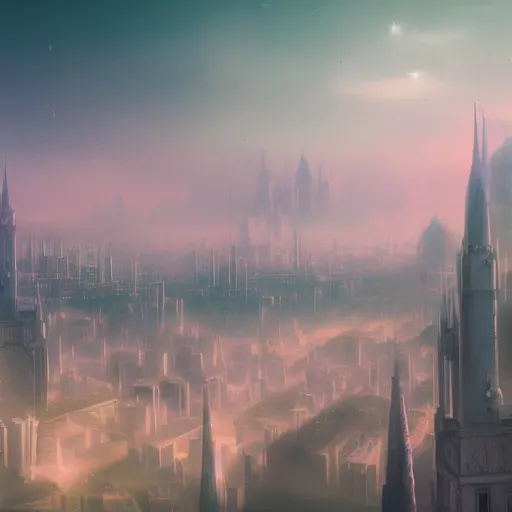 Image similar to pastel, baroque utopian cityscape in the sky, sci-fi, dreamlike, surreal, angels, misty, cinematic, 8k,